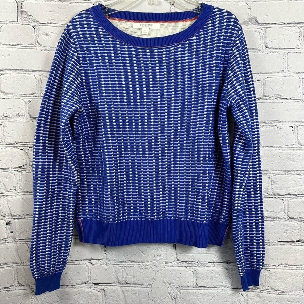 Piperlime Collection Women’s Cotton Crewneck Sweater Blue & White Pink Accent XS